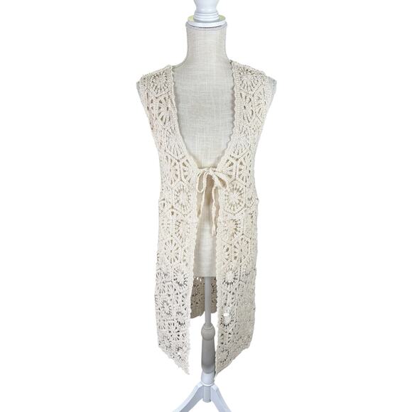 NWT Rebellion Again Openwork Crochet Duster Vest Womens Small Cream Boho Prairie - Picture 1 of 9